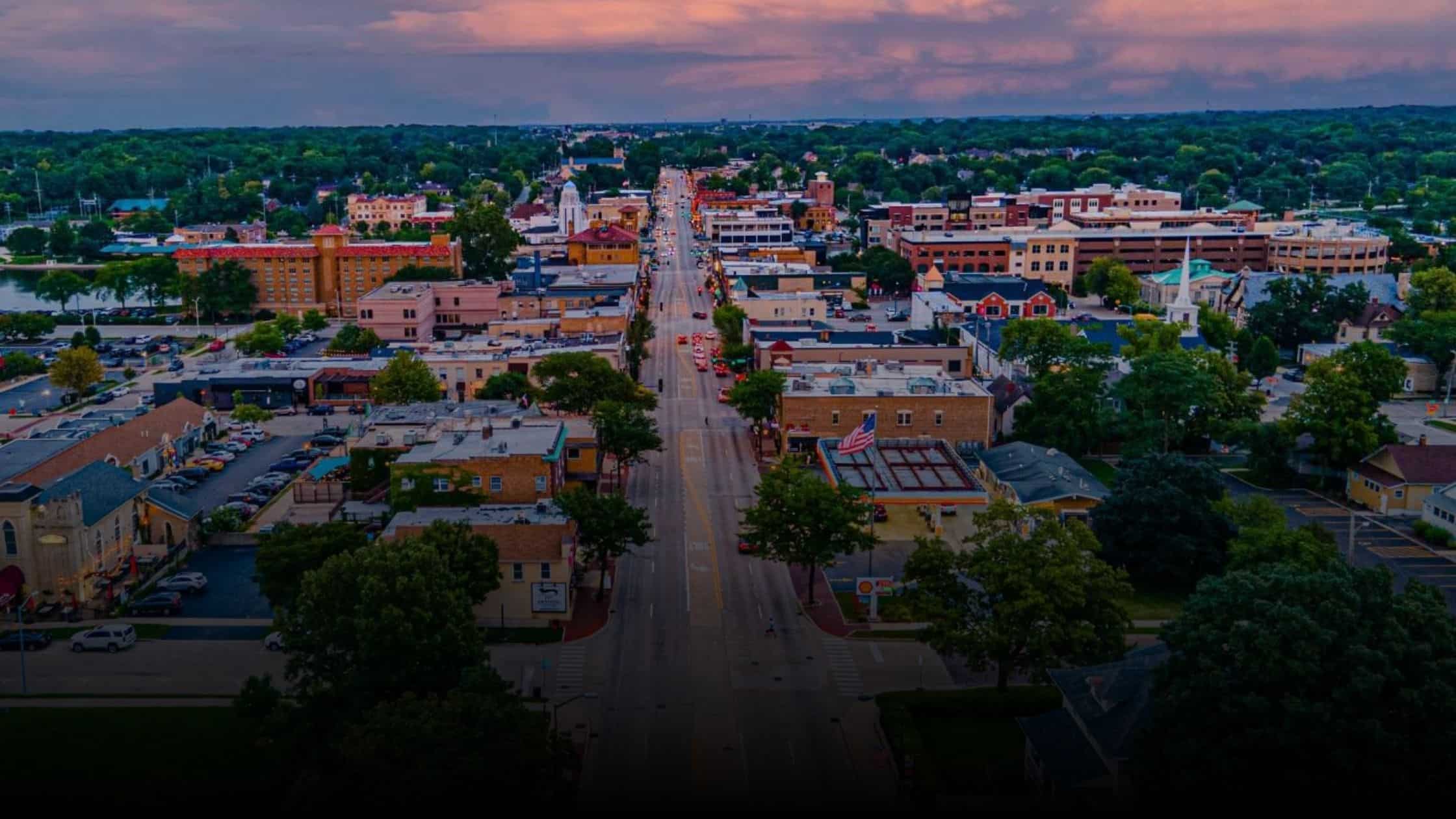 Aerial view of Main St in St Charles, Illinois at sunset_1